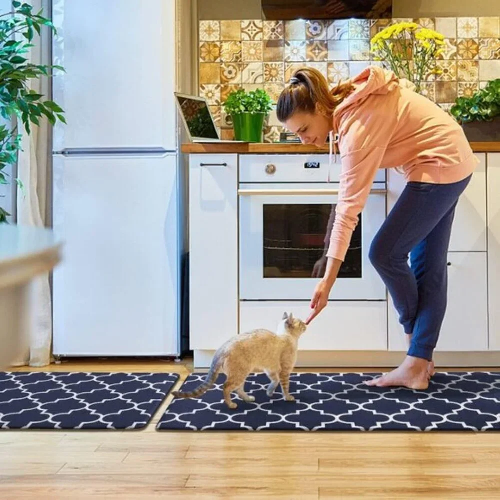 New Kitchen Mat Set, 2Pcs Blue Anti-Fatigue Cushioned Non-Slip Waterproof Rugs